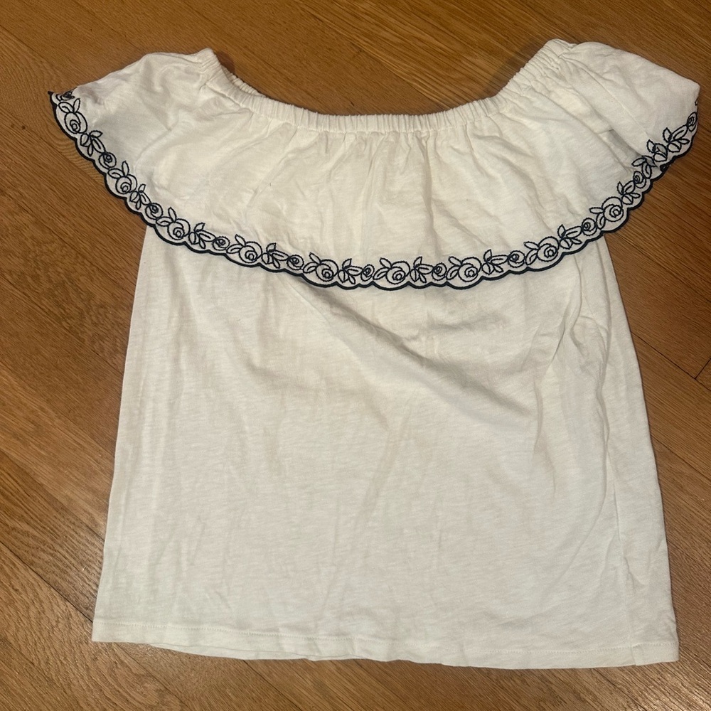 JCrew Off-Shoulder Top with Black Embroidery